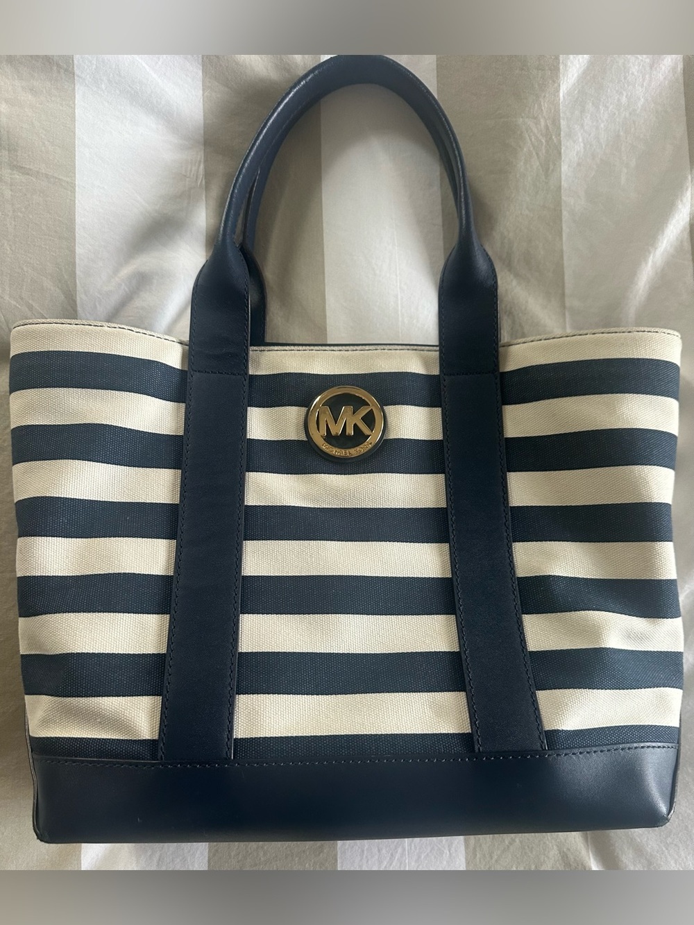 Michael Kors Navy & Cream Striped Canvas Tote with Gold MK Emblem